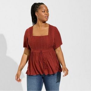 Knit Square Neck Lace Inset Flutter Sleeve Babydoll Top